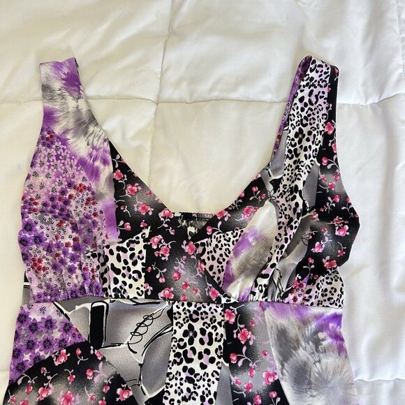 Womens Patchwork Sleeveless Dress Scoop Neck Flared Hem Floral Abstract Y2K 90s - Picture 3 of 8